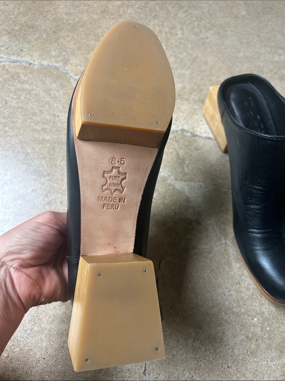 Beklina Black Leather clogs with Wood Block Heel - Picture 3 of 6